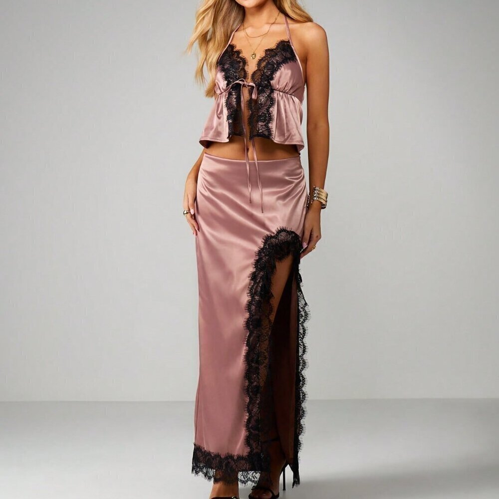 Dusty Pink Sexy Women's Lace Trim Halter Neck Cami Top & Maxi Skirt Set